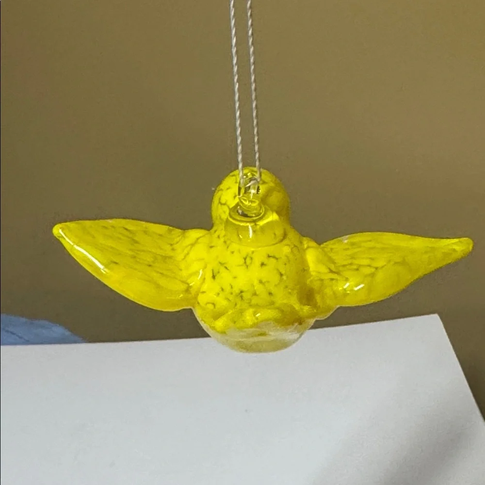 Bird Hanging Ornament yellow and white speckled glass handblown 4” long